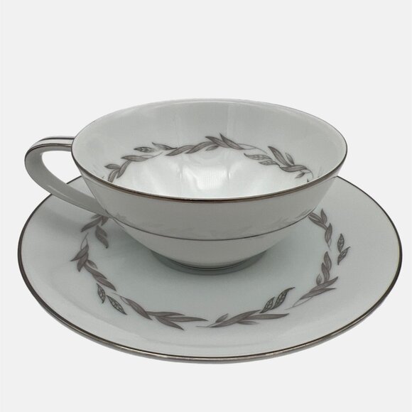 Vintage Noritake Graywood Round Flat Cup & Saucer Platinum Trim 6041 Japan 2" - Picture 1 of 6